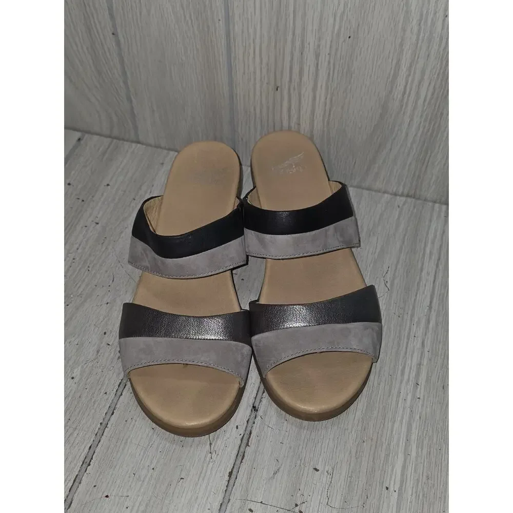 Dansko Theresa Slide Sandals Gray Black Leather Block Heel Shoes US 9 Boho